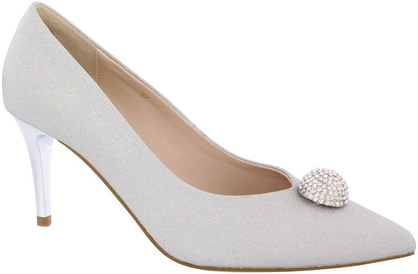 CP53 Capollini   Renee Silver Diamonte pom pom court shoe