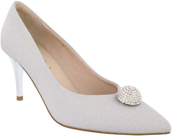 CP53 Capollini   Renee Silver Diamonte pom pom court shoe